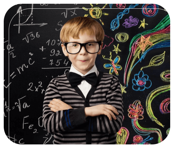 Smart boy with science, math and art symbols on a chalkboard demonstrating his accomplishments to his parents